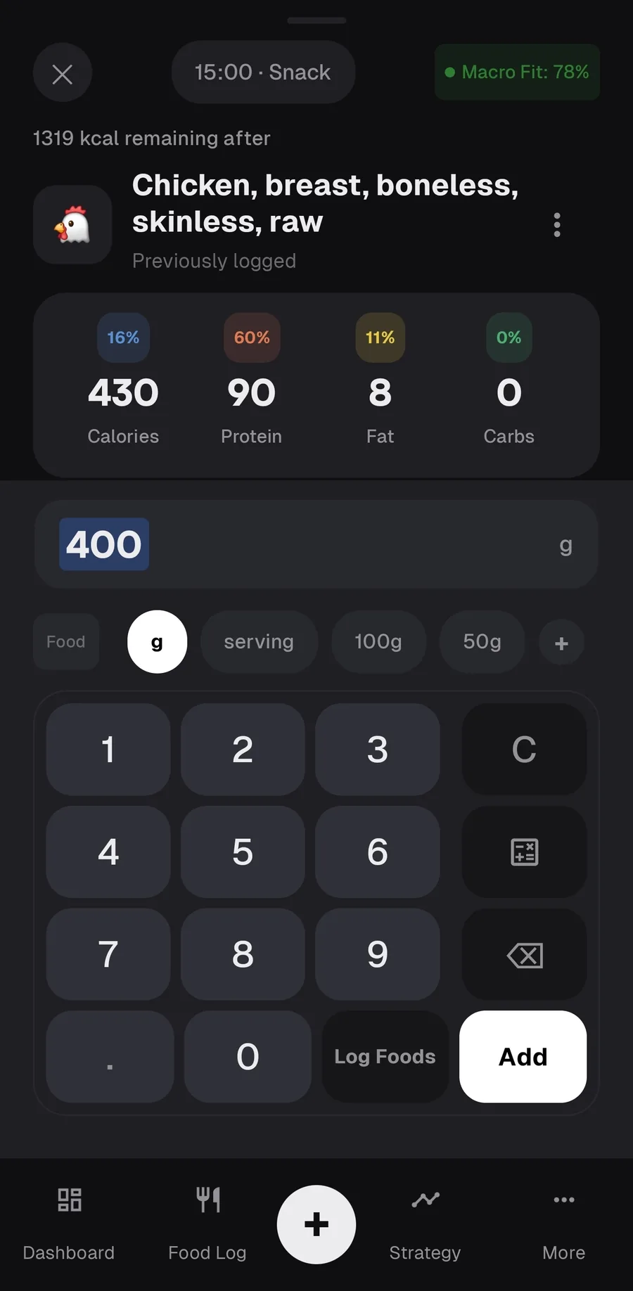 Logging 400 grams of chicken breast with live calorie and macro totals and a numeric keypad.