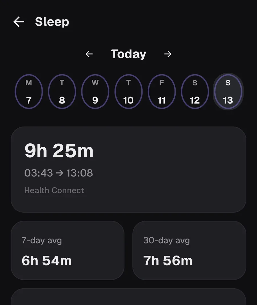 Sleep screen showing 9 hours 25 minutes last night, pulled from Health Connect, with 7-day and 30-day averages.